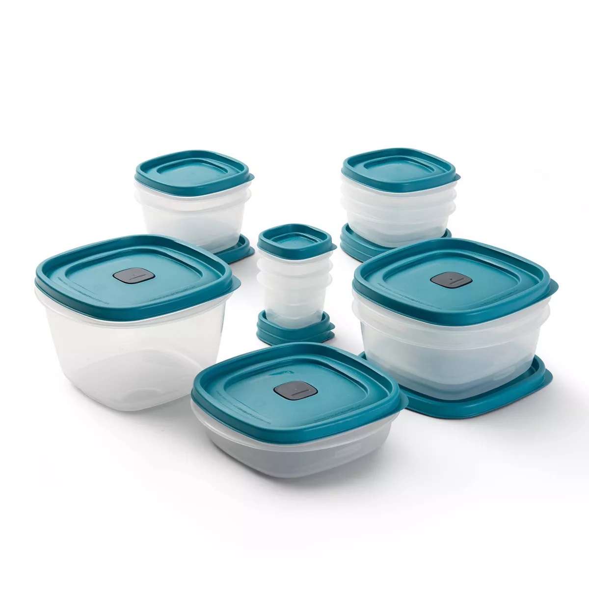 The 24pc Rubbermaid Easy Find Lids Set includes various square and rectangular food storage containers with teal lids designed for easy stacking and organization.