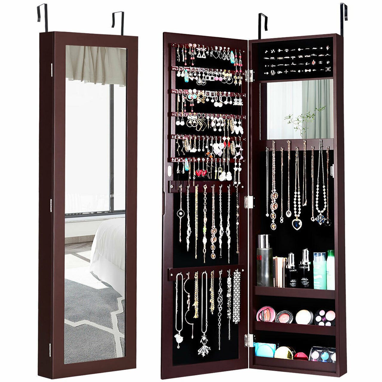 Wall-mounted jewelry organizer with mirror, featuring hooks and shelves for necklaces, earrings, rings, and cosmetics.