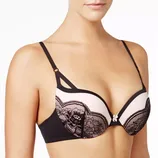 A lace-trimmed push-up bra with black detailing, featuring a small bow at the center and adjustable straps.