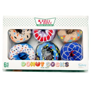 6-pack of men's socks packaged to resemble donuts, featuring various colorful patterns and designs.