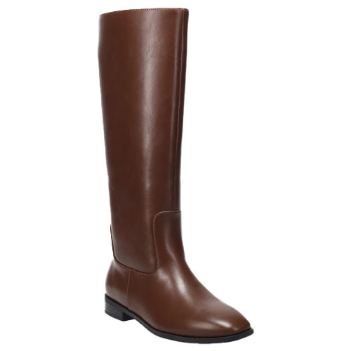 Brown knee-high leather boot with a low stacked heel and sleek design.