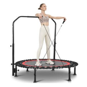 A 40\“ foldable trampoline with a sturdy frame, equipped with a balance bar for support and resistance bands for additional exercise options. It's designed for home fitness and features a red accent around the jumping surface.