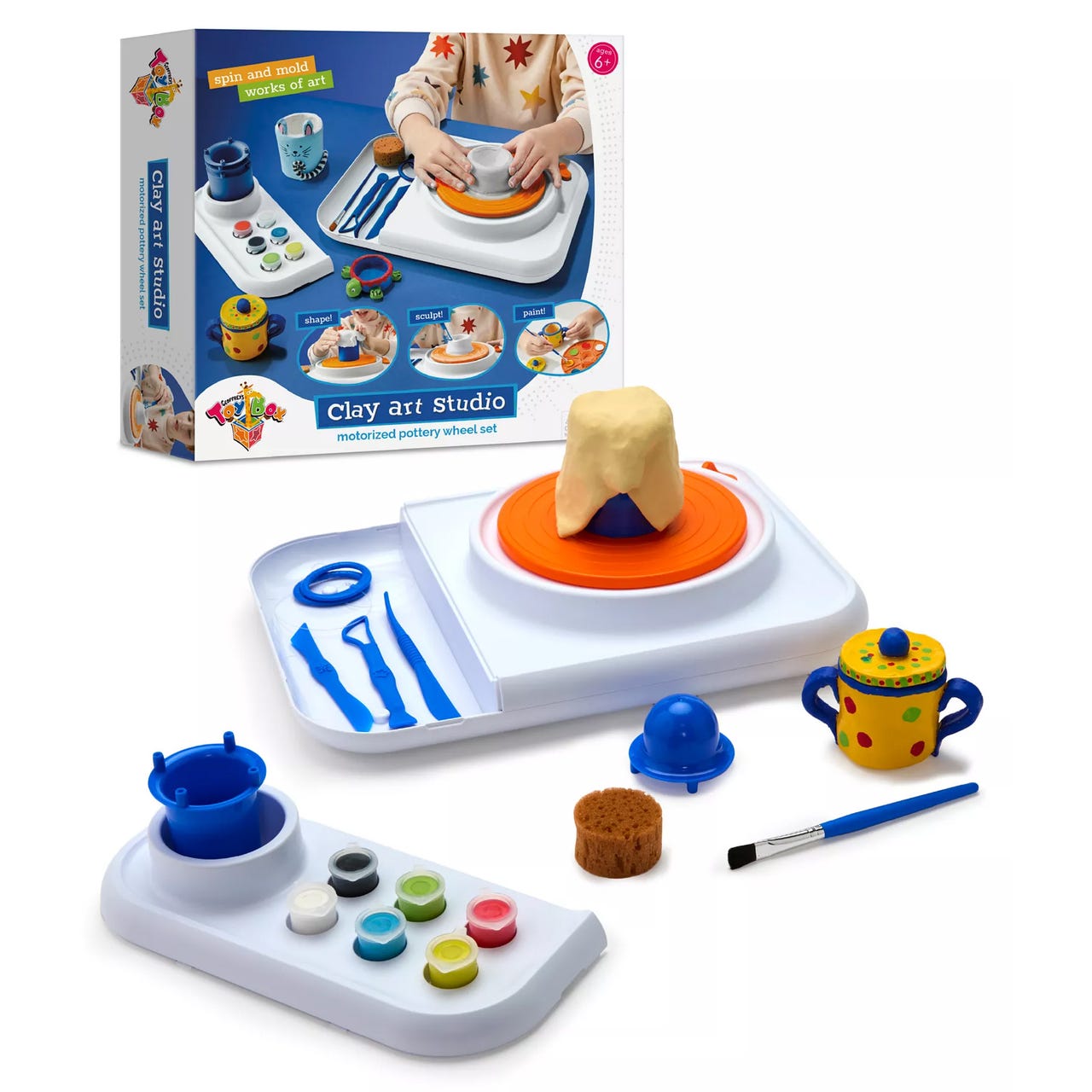 Clay Art Studio motorized pottery wheel set with sculpting tools, paints, a brush, and a model pottery item shown on the packaging.