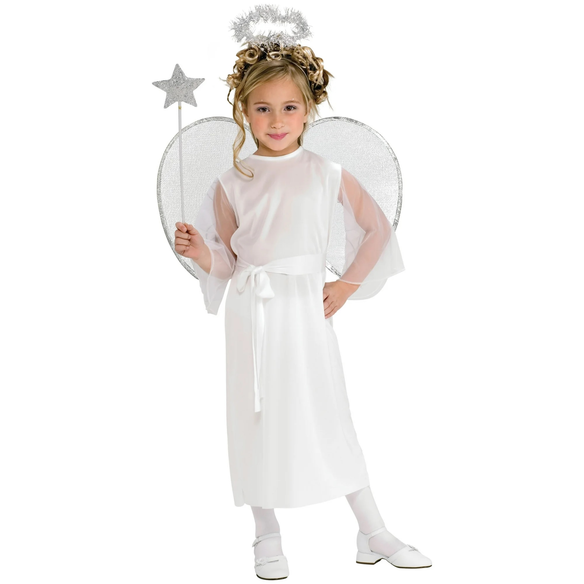 A child dressed in an angel costume with wings and a halo, holding a star wand.