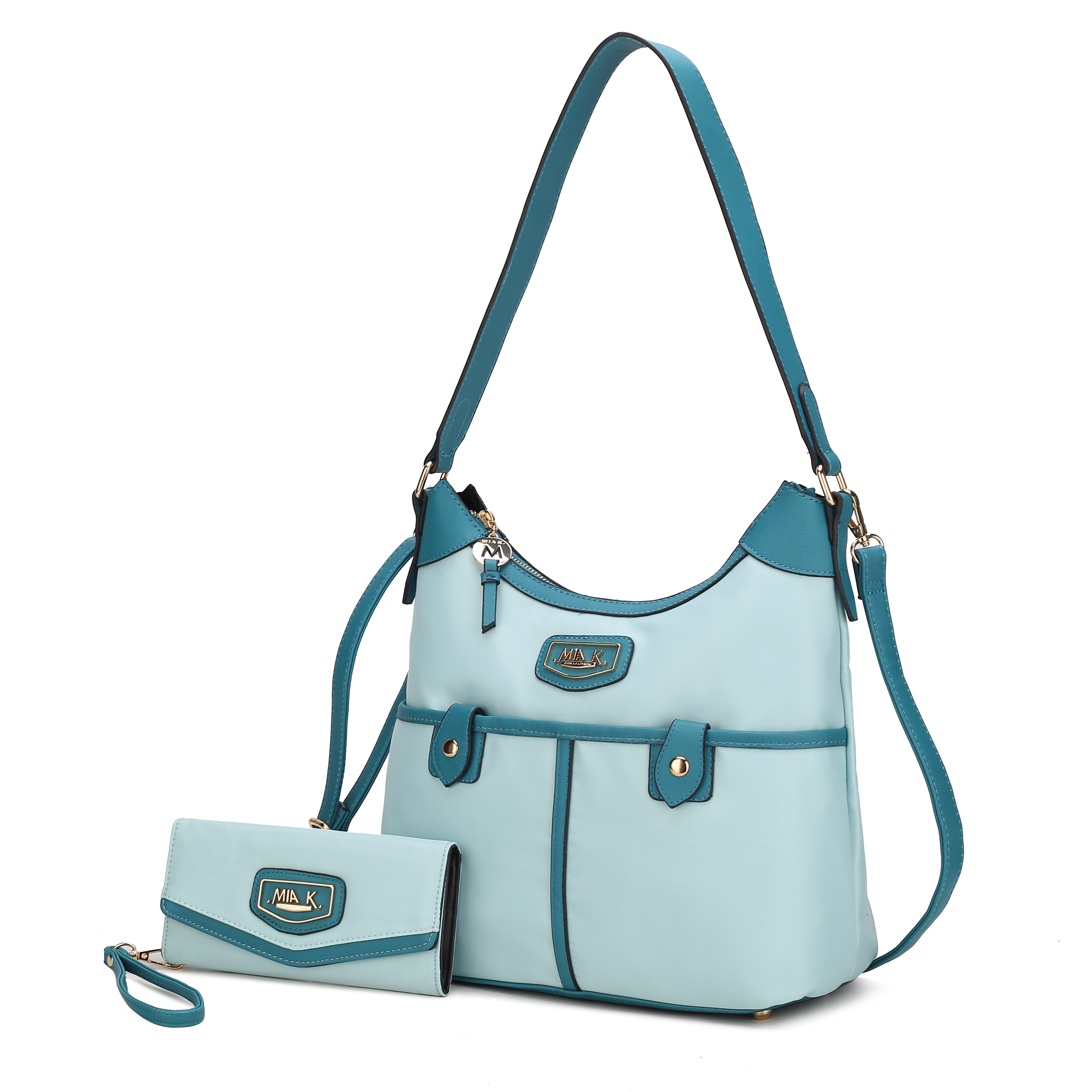 Light blue and teal handbag with a shoulder strap and front pockets, accompanied by a matching wallet.