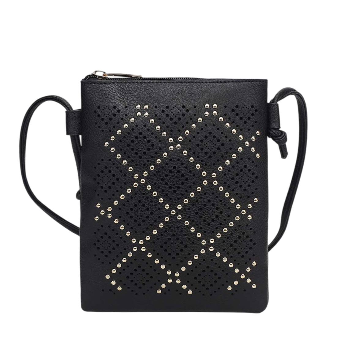 Black crossbody bag with gold-studded diamond pattern and adjustable strap.