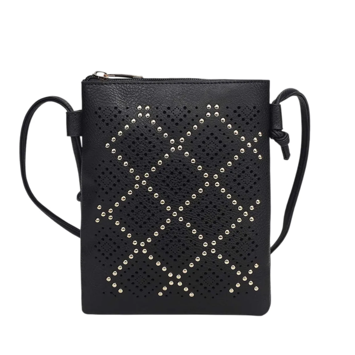 Black crossbody bag with gold-studded diamond pattern and adjustable strap.