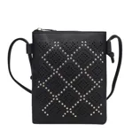 Black crossbody bag with gold-studded diamond pattern and adjustable strap.