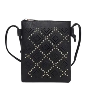 Black crossbody bag with gold-studded diamond pattern and adjustable strap.