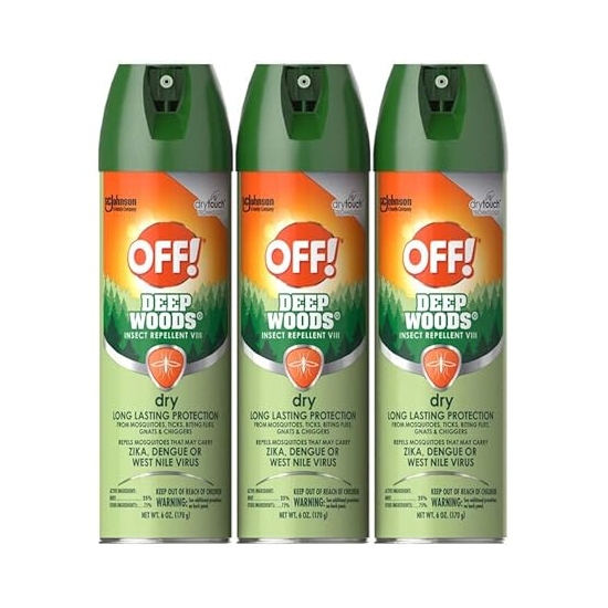 Three green aerosol cans of OFF! Deep Woods Insect Repellent, designed for long-lasting protection against mosquitoes carrying viruses like Zika, Dengue, and West Nile.
