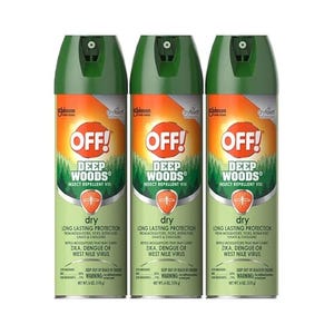 Three green aerosol cans of OFF! Deep Woods Insect Repellent, designed for long-lasting protection against mosquitoes carrying viruses like Zika, Dengue, and West Nile.
