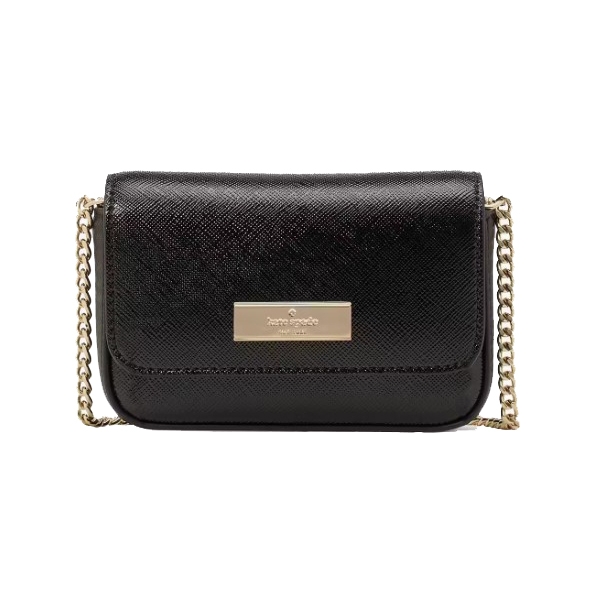 Black textured shoulder bag with a gold-tone logo plaque and chain strap.
