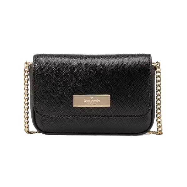 Black textured shoulder bag with a gold-tone logo plaque and chain strap.