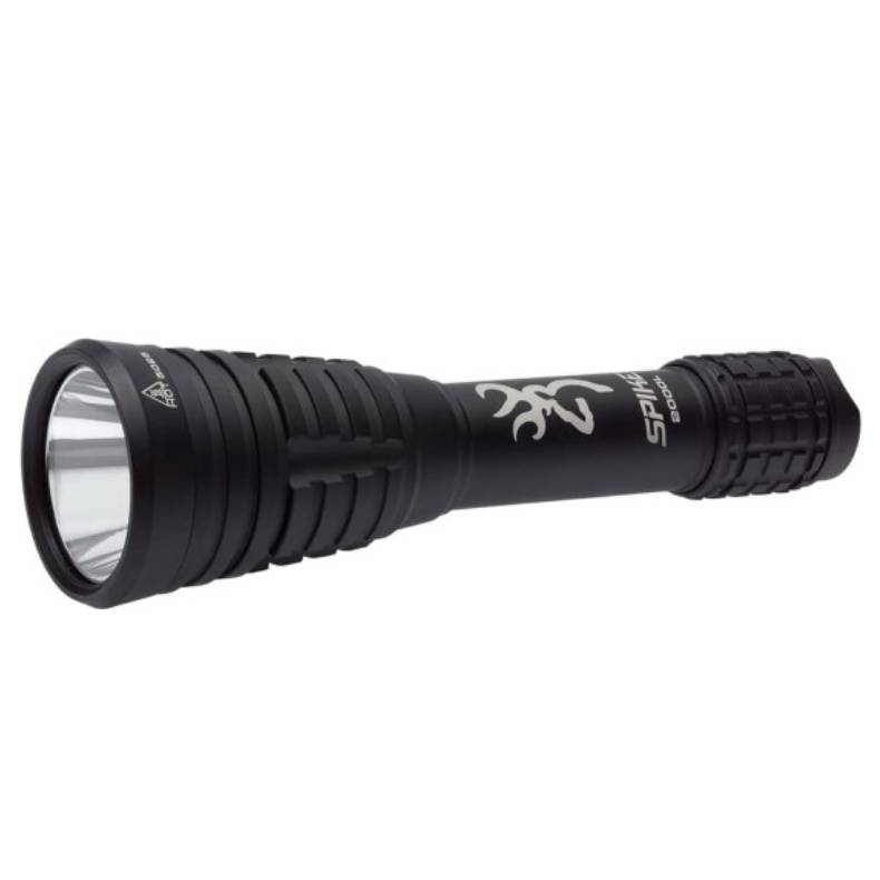 A Browning flashlight with a black, textured body and a prominent logo near the head. It's designed for durability and efficient light output, featuring a sleek cylindrical shape.
