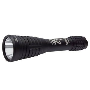 A Browning flashlight with a black, textured body and a prominent logo near the head. It's designed for durability and efficient light output, featuring a sleek cylindrical shape.