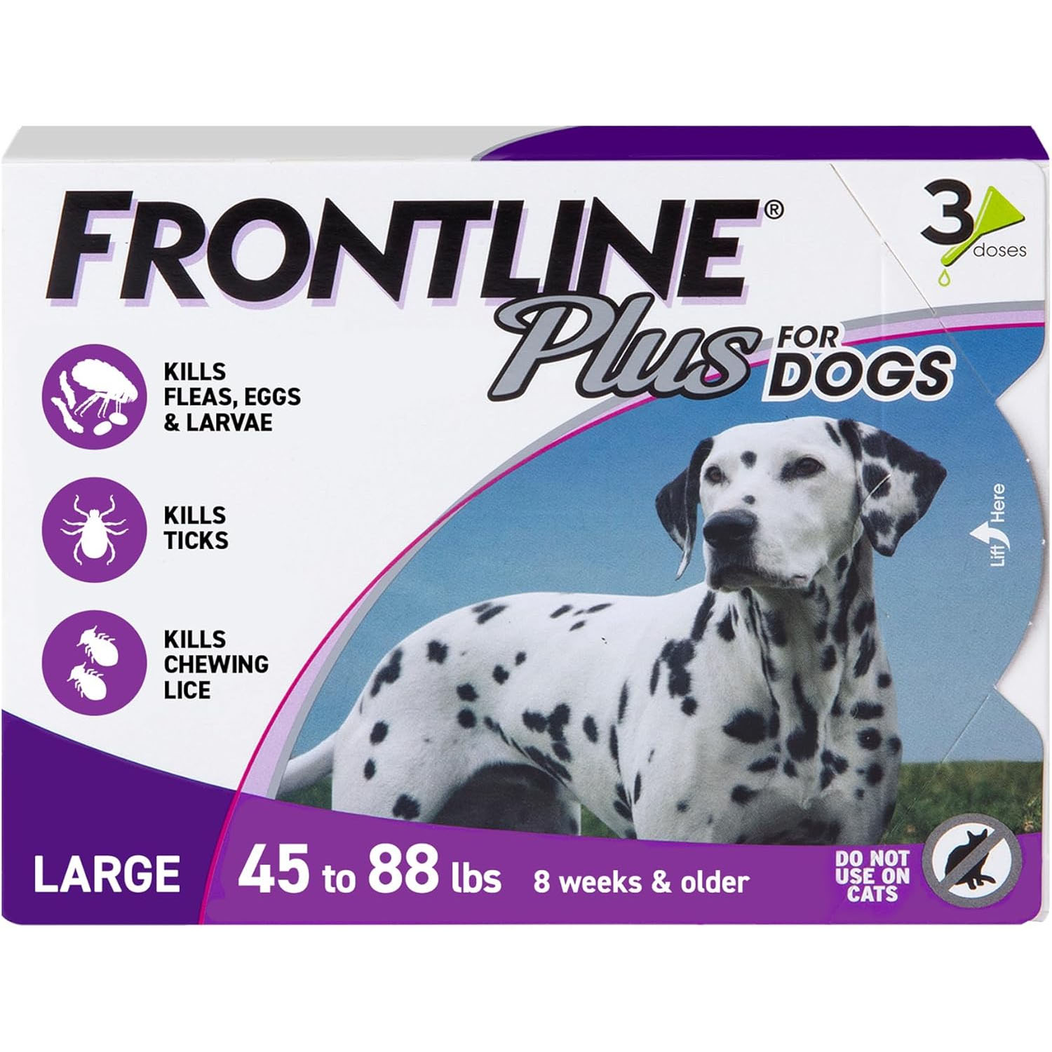 Frontline Plus for Dogs, large size (45 to 88 lbs), kills fleas, eggs, larvae, ticks, and chewing lice. Suitable for dogs 8 weeks and older; contains 3 doses. Do not use on cats.