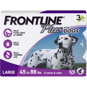 Frontline Plus for Dogs, large size (45 to 88 lbs), kills fleas, eggs, larvae, ticks, and chewing lice. Suitable for dogs 8 weeks and older; contains 3 doses. Do not use on cats.