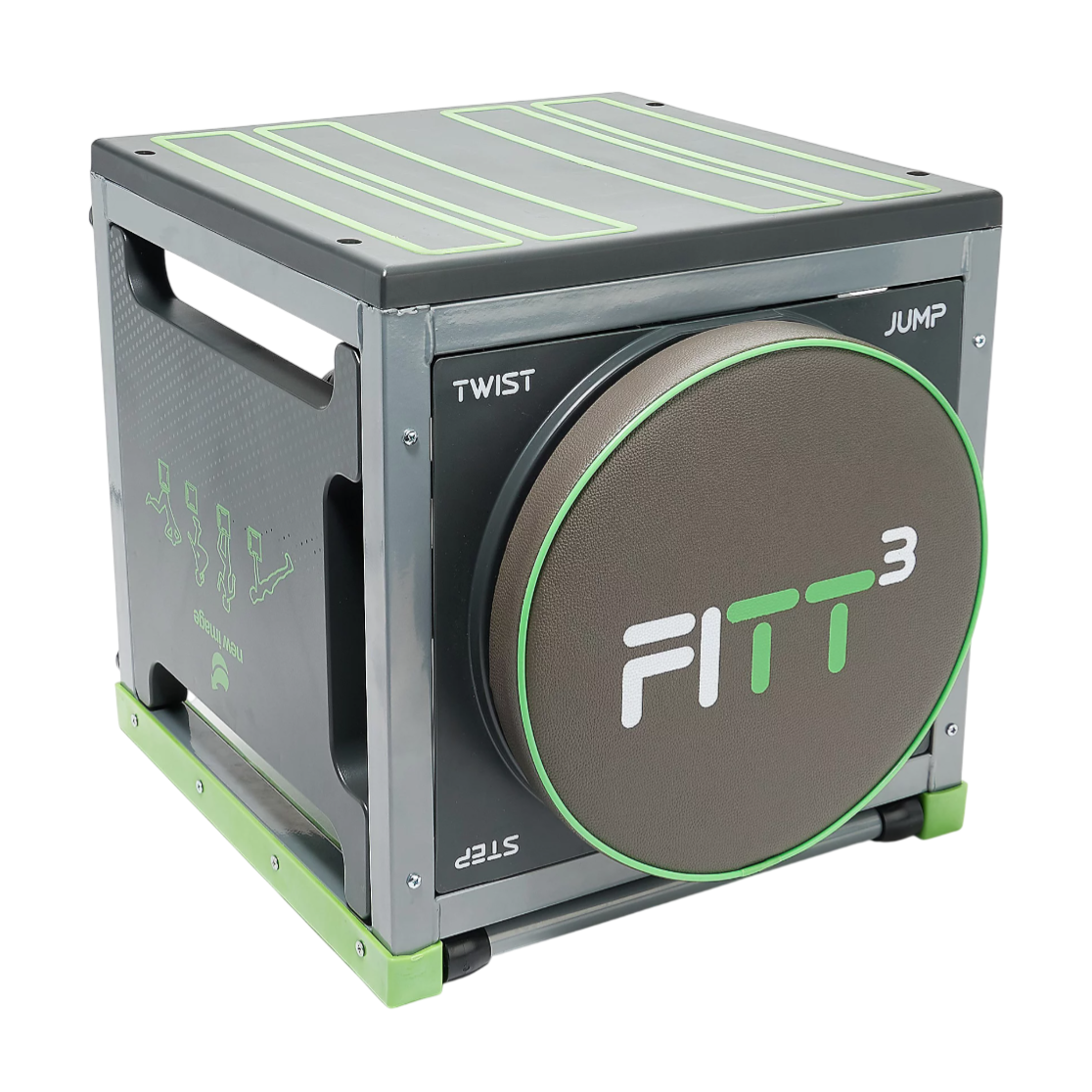 A multifunctional workout cube labeled \“FITT3\“ featuring a step, twist, and jump surface, designed for versatile fitness exercises.