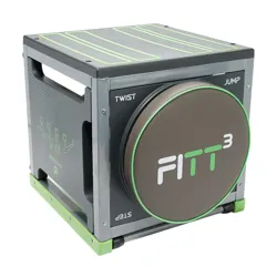 A multifunctional workout cube labeled \“FITT3\“ featuring a step, twist, and jump surface, designed for versatile fitness exercises.