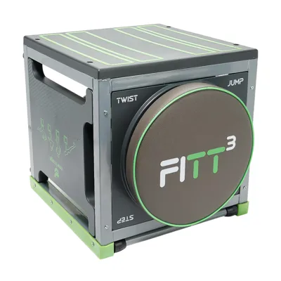 A multifunctional workout cube labeled \“FITT3\“ featuring a step, twist, and jump surface, designed for versatile fitness exercises.