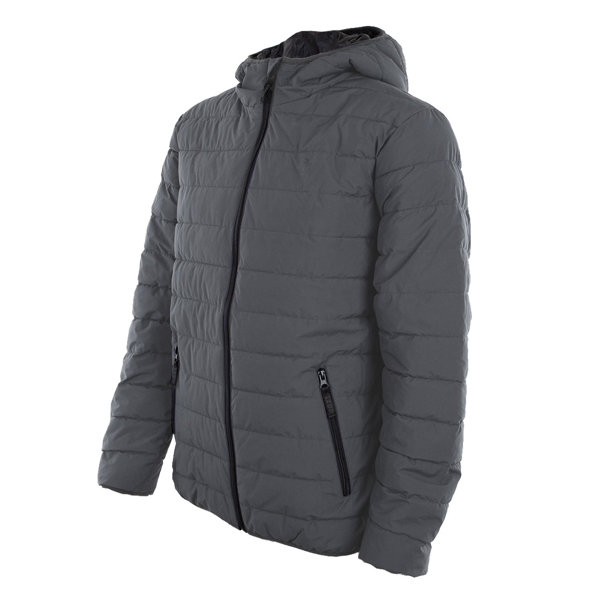 A gray Izod men's puffer jacket featuring a zippered front, side pockets, and an attached hood.