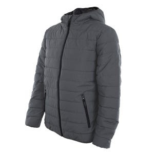 A gray Izod men's puffer jacket featuring a zippered front, side pockets, and an attached hood.