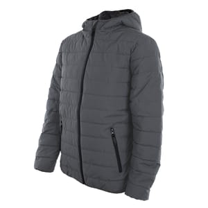 A gray Izod men's puffer jacket featuring a zippered front, side pockets, and an attached hood.