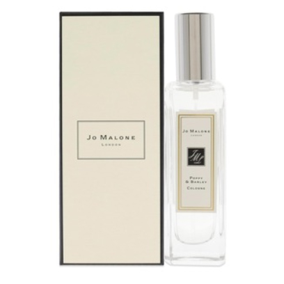 Jo Malone London Poppy & Barley Cologne, featuring a clear bottle with a silver cap and an accompanying cream and black box.