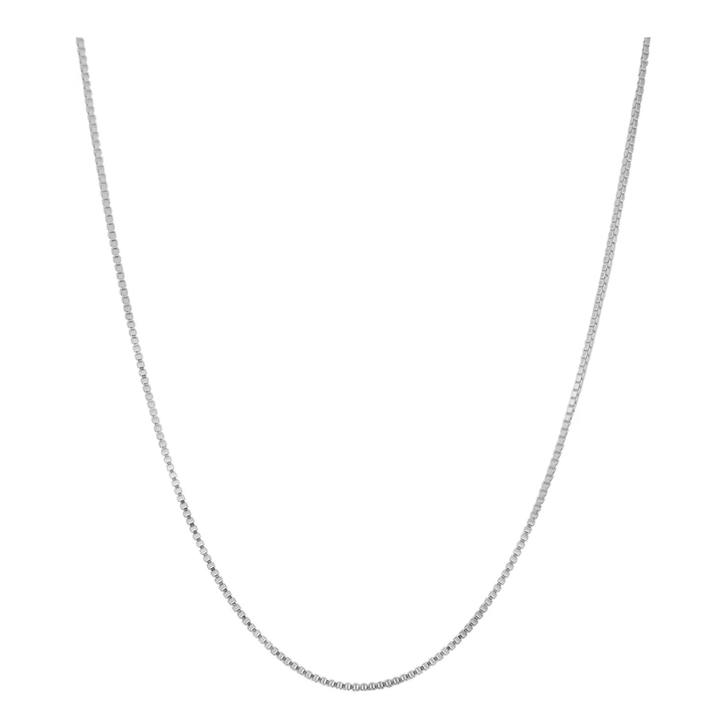 Thin silver chain featuring a delicate, polished rectangular link design, showcasing a minimalist style.