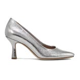 A silver pointed-toe high heel shoe with a textured finish and a moderate heel height, featuring a classic pump design.