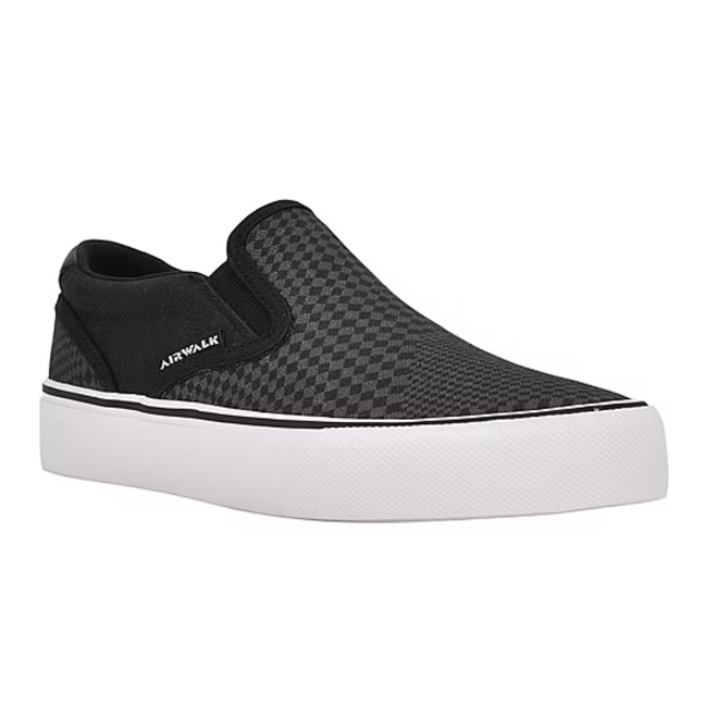 Black slip-on skate shoe with a checkerboard pattern, white rubber sole, and the Airwalk logo on the side.