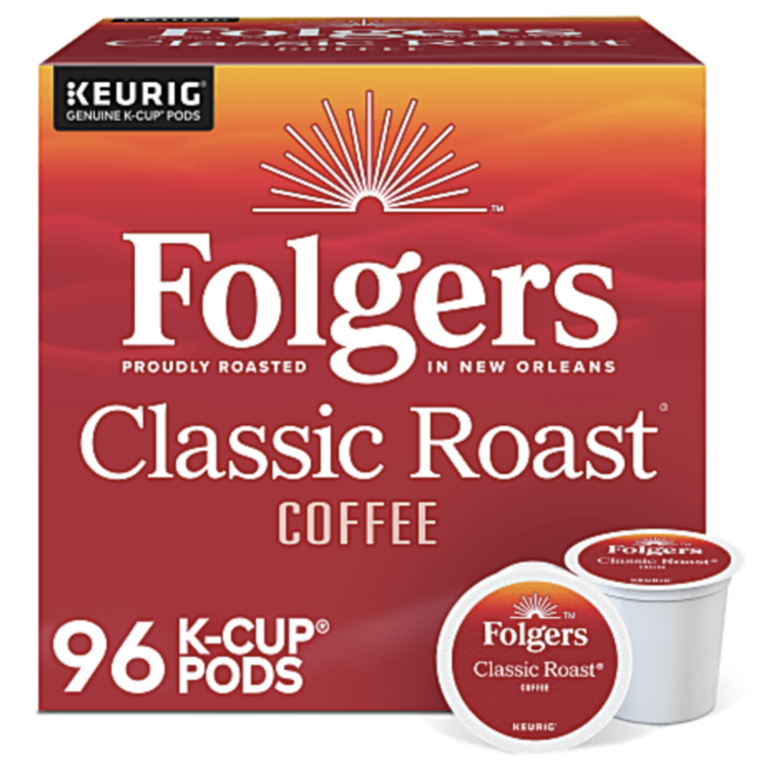 Folgers Classic Roast Coffee, 96 K-Cup pods, roasted in New Orleans, compatible with Keurig machines.