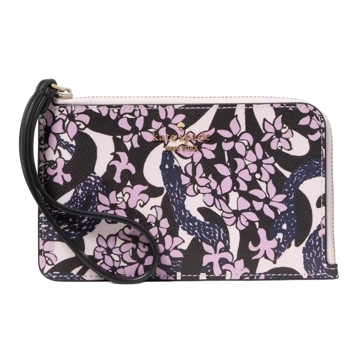 Kate Spade Snake Garden Small Wristlet features a pink, black, and purple floral and snake pattern with a gold logo accent. It includes a black wrist strap and has a zippered closure.
