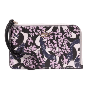 Kate Spade Snake Garden Small Wristlet features a pink, black, and purple floral and snake pattern with a gold logo accent. It includes a black wrist strap and has a zippered closure.