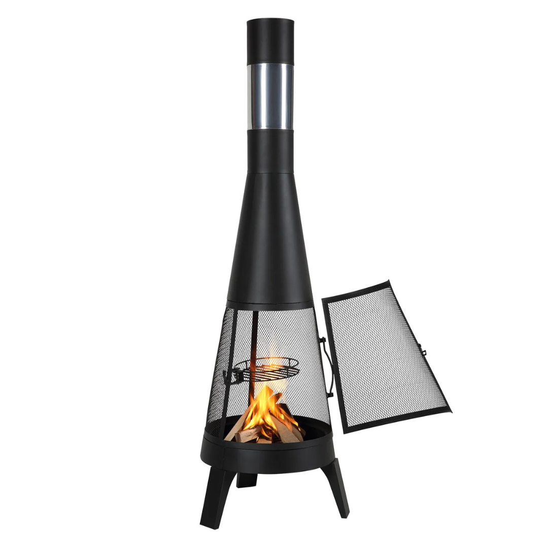 Outdoor chiminea fireplace with a mesh door, sleek black conical design, standing on four legs, features a burning fire inside.