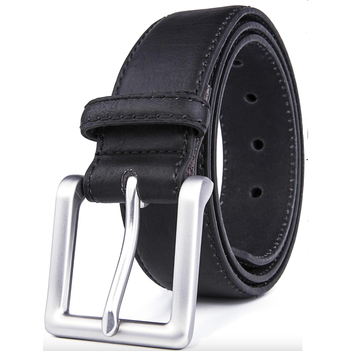 A black leather belt with a silver-toned rectangular buckle and multiple holes for adjusting size.