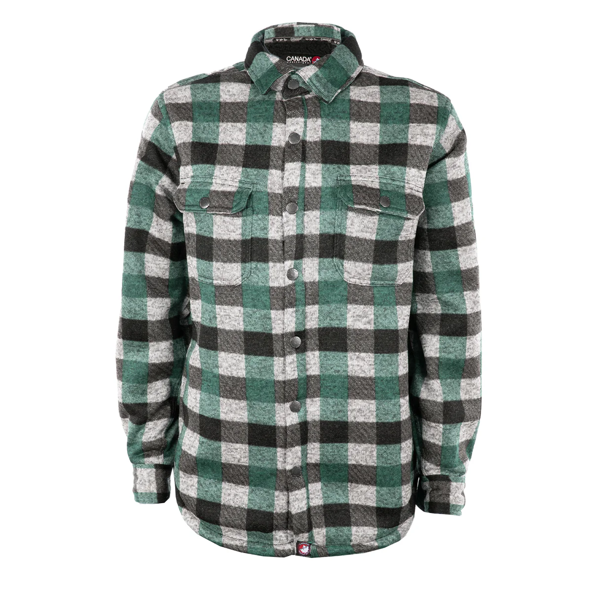 Green and gray plaid shirt jacket with snap closures and chest pockets.
