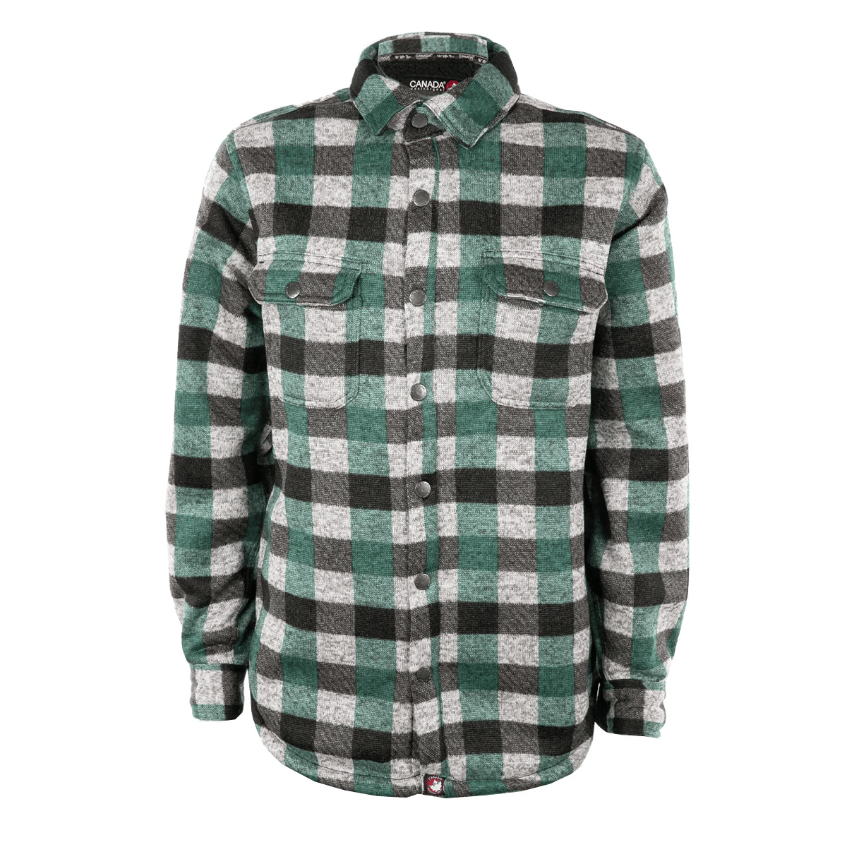 Green and gray plaid shirt jacket with snap closures and chest pockets.