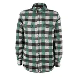 Green and gray plaid shirt jacket with snap closures and chest pockets.