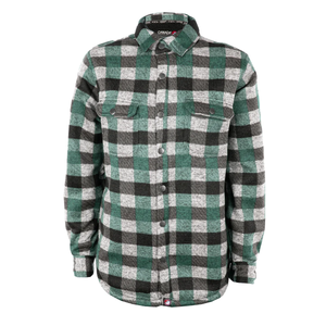 Green and gray plaid shirt jacket with snap closures and chest pockets.