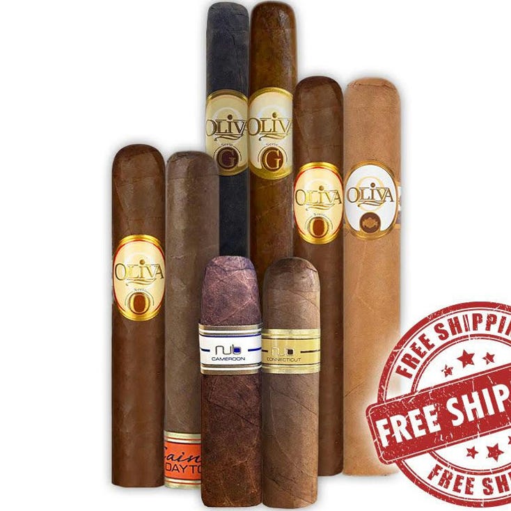 Assorted cigars including Oliva Series G and O, and Nub Cameroon and Connecticut, with a \“Free Shipping\“ stamp.