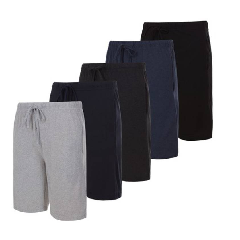 A pack of five lounge shorts in various colors including gray, navy, dark gray, black, and blue. Each pair features an elastic waistband with a drawstring for adjustable comfort.