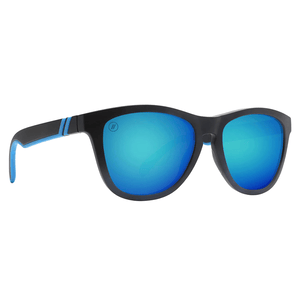 Black frame sunglasses with blue reflective lenses and blue accents on the arms.