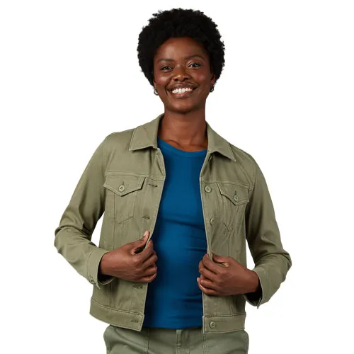 A person is wearing a green utility jacket over a blue top.