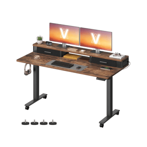 A height-adjustable desk with dual monitors, desk organizers, a keyboard, mouse, headphones, and a potted plant. It features a rustic wood finish, drawers, caster wheels, and leveling feet.