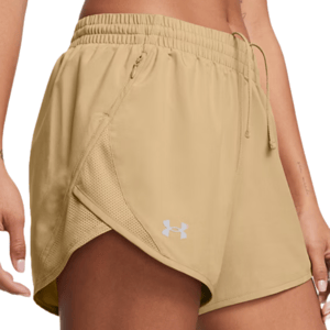 Tan athletic shorts with an elastic waistband, drawstring, and side mesh detailing, featuring the Under Armour logo.