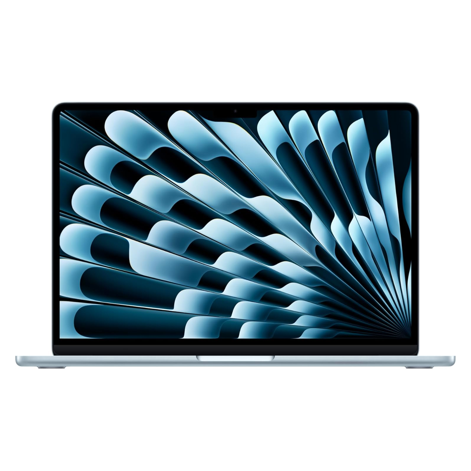 A laptop with a sleek design and a vivid, abstract blue pattern on the screen.