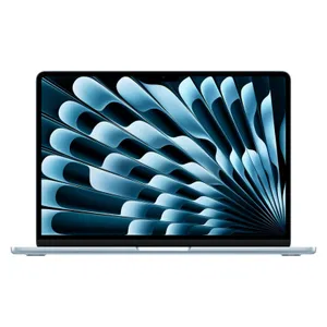 A laptop with a sleek design and a vivid, abstract blue pattern on the screen.