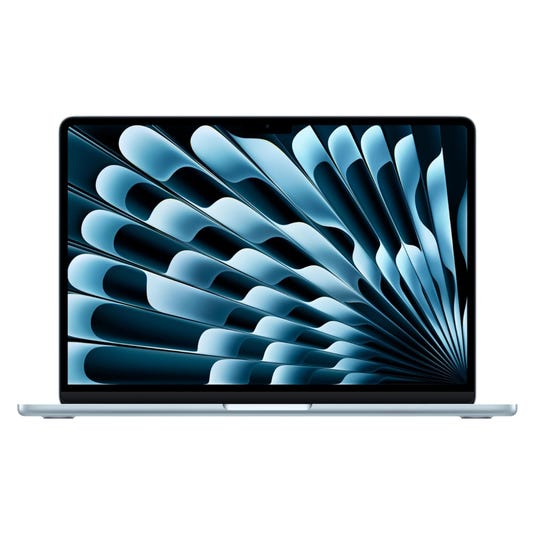 A laptop with a sleek design and a vivid, abstract blue pattern on the screen.