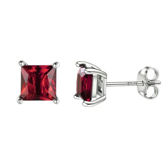 Square red gemstone stud earrings in silver settings, featuring four-prong mounts and butterfly backings, marked \“925\“ for sterling silver.